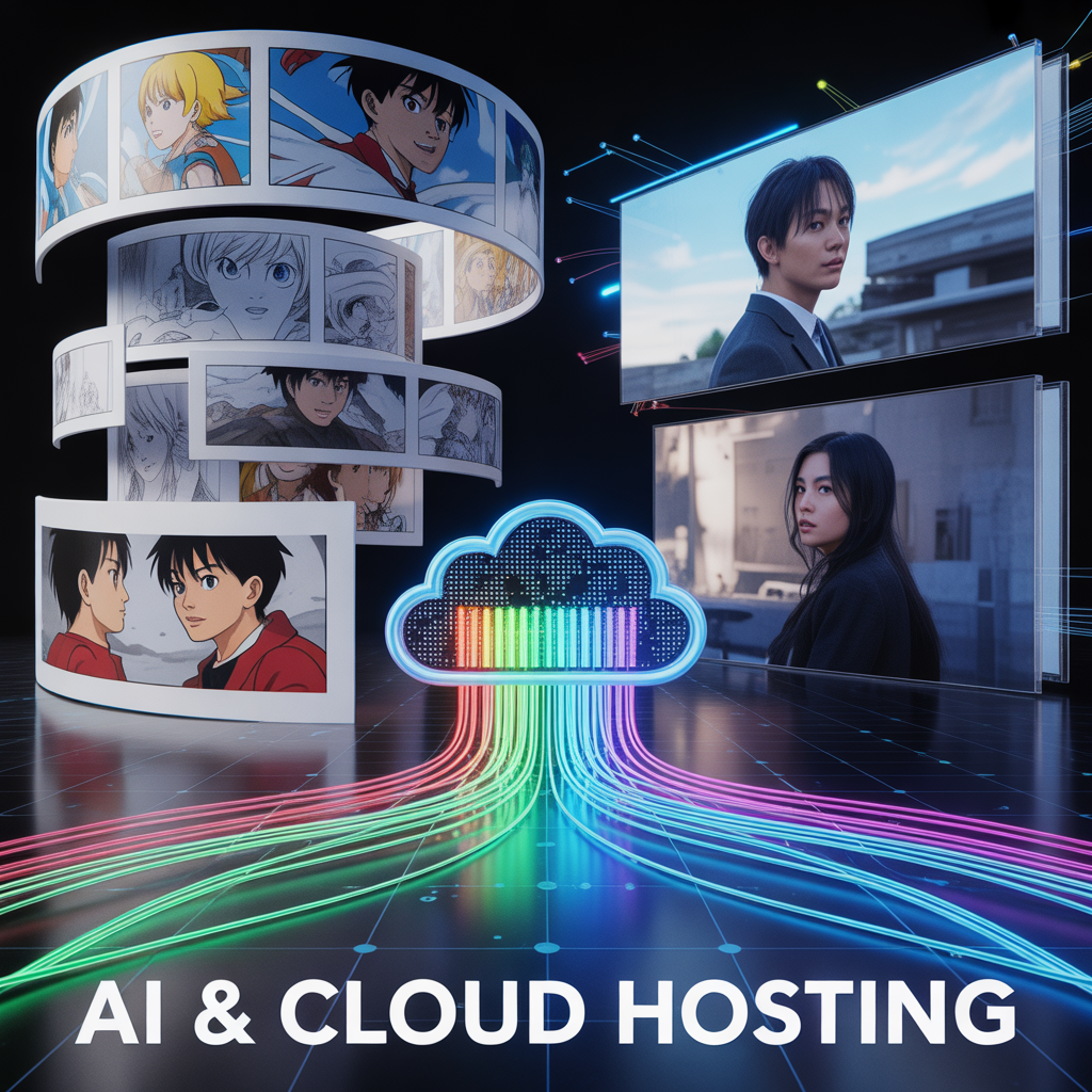 AI and cloud hosting concept illustration with a cloud icon, colorful data streams, and manga and drama panels