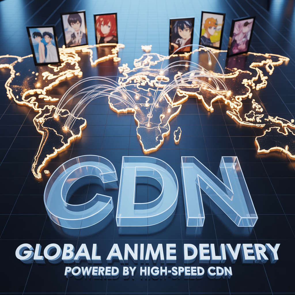 Global anime delivery CDN illustration with a world map and network routes for high-speed content distribution