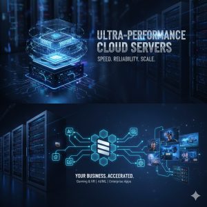 High-performance cloud servers illustration with server racks, a compute stack, and AI/ML and gaming icons
