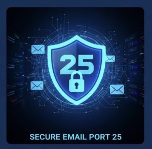 Secure email port 25 illustration with a shield and lock icon representing SMTP security