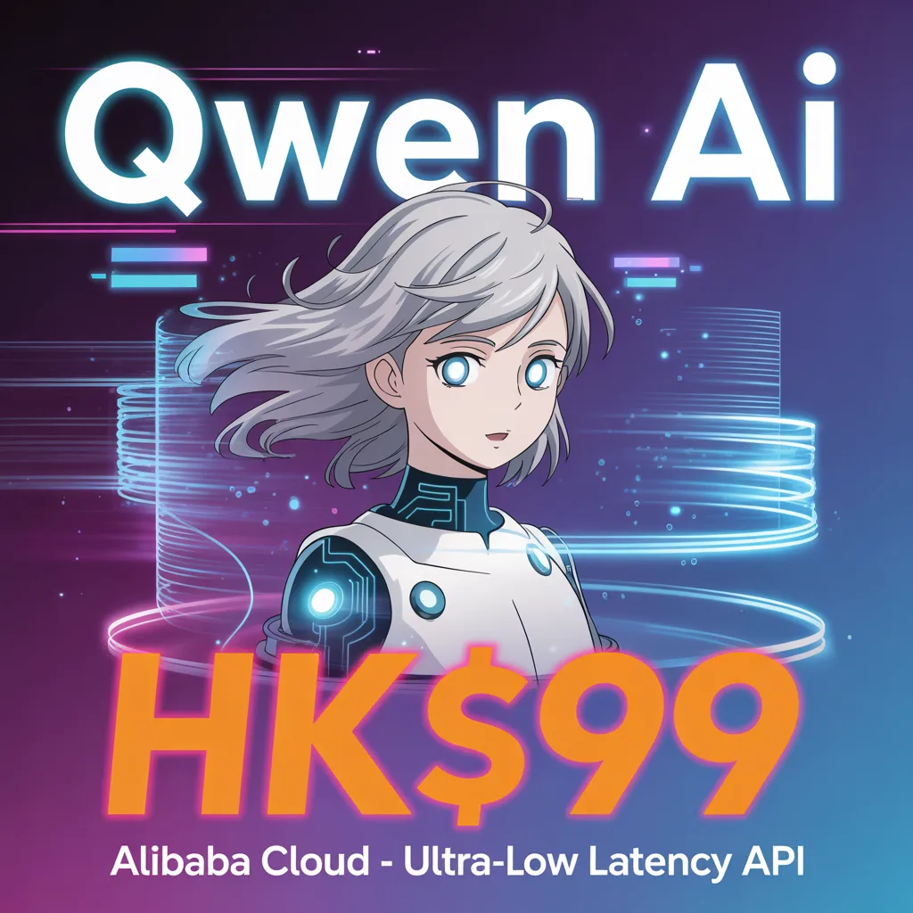 Anime-style illustration for Qwen AI Alibaba Cloud API starting at HK$99 with ultra-low latency.