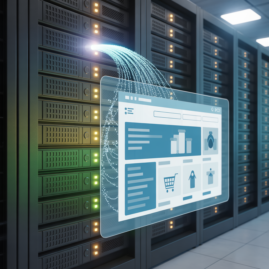 A high-tech data center server rack integrated with a floating digital e-commerce dashboard showing sales analytics and shopping carts.