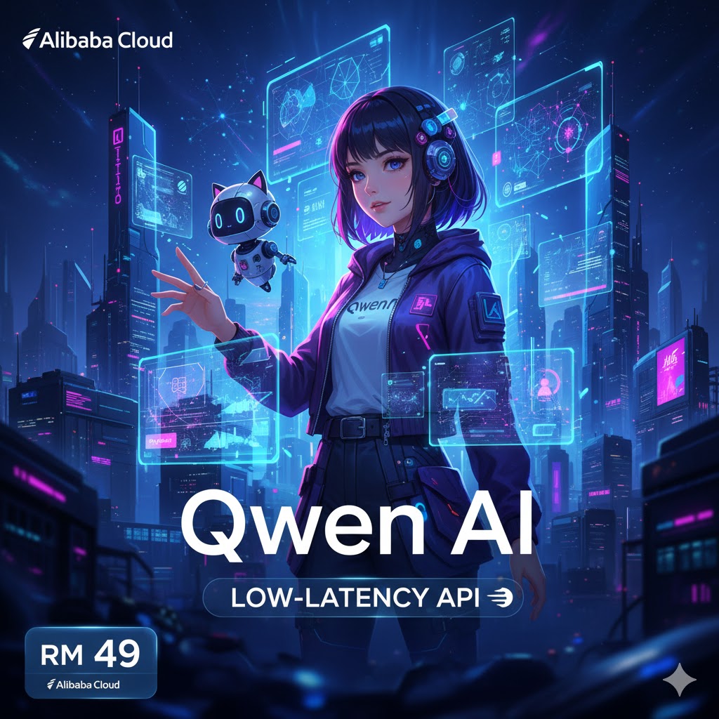 Futuristic anime-style promotional poster for Qwen AI by Alibaba Cloud featuring a low-latency API service priced at RM 49 in a neon cyber city background.