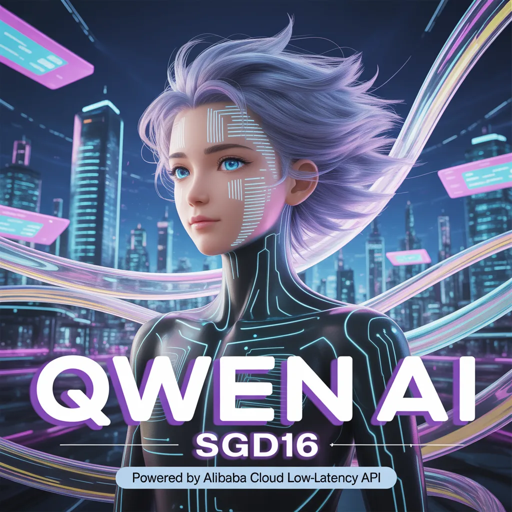 Cyberpunk anime girl with glowing circuits representing Qwen AI by Alibaba Cloud, featuring Singapore low-latency API pricing at SGD 16 with a futuristic city background.
