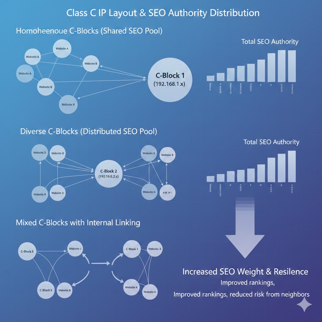 Comparison chart of the impact of different C-segment IP layouts on SEO weight distribution: This chart shows the difference in weight transfer between IPs in the same C-segment and multiple C-segment IPs in a network of website links.
